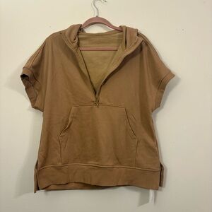 Fisoew Women's hooded Shirt women M dark khaki short sleeves sweatshirt half zip